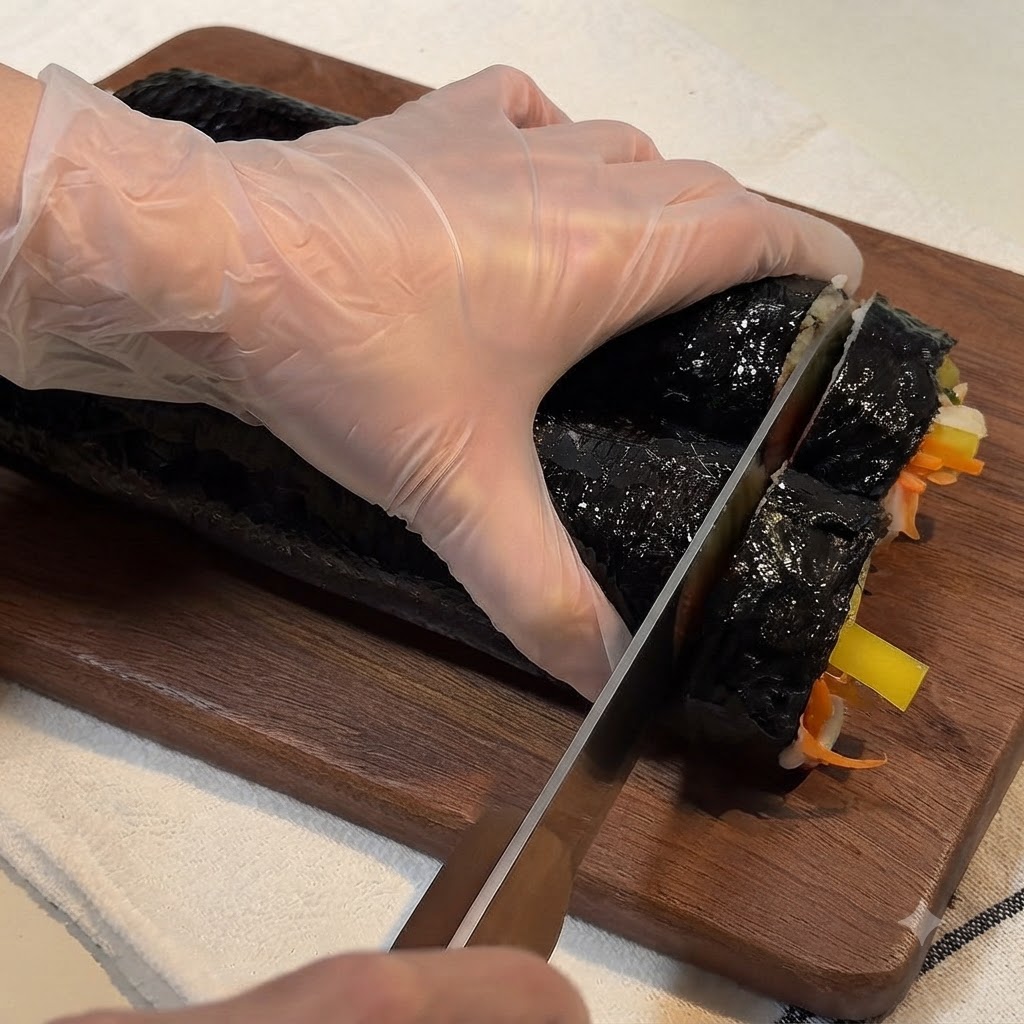 A sharp knife slicing through a long rolled kimbap on a wooden cutting board to create bite-sized pieces.
