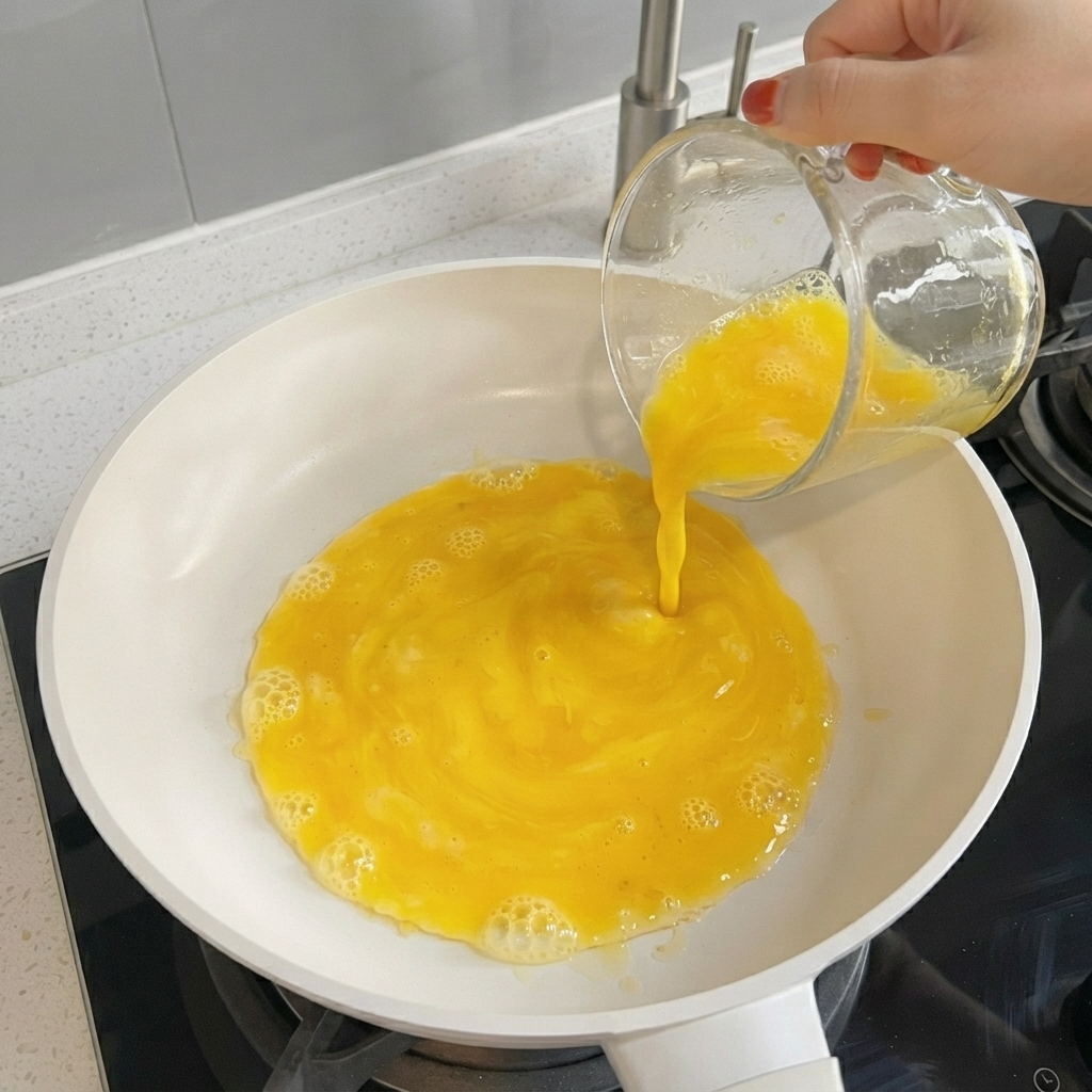 Beaten egg mixture spreading across a hot pan to make a thin layer.