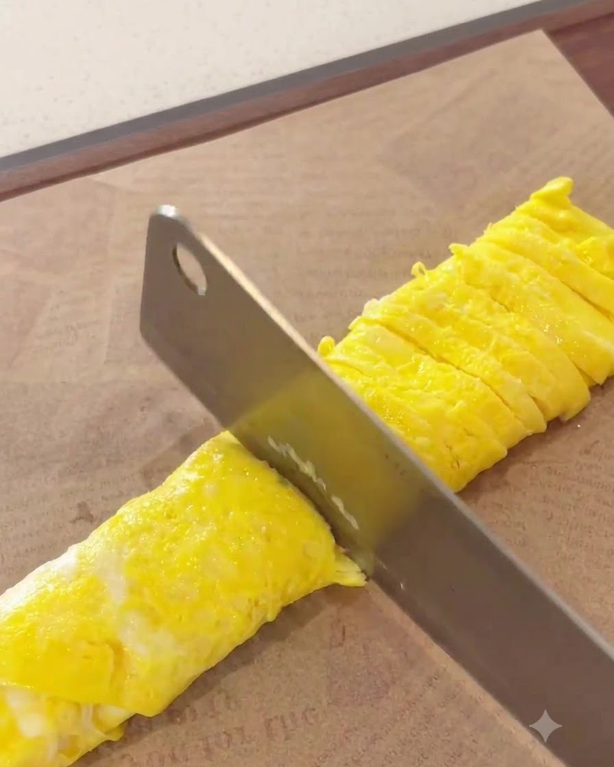A rolled egg crepe being sliced neatly into thin yellow strips on a cutting board.
