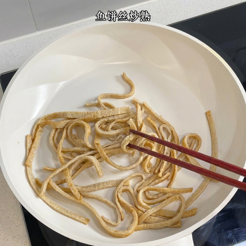 Fish cake strips being sautéed in a white pan with chopsticks.