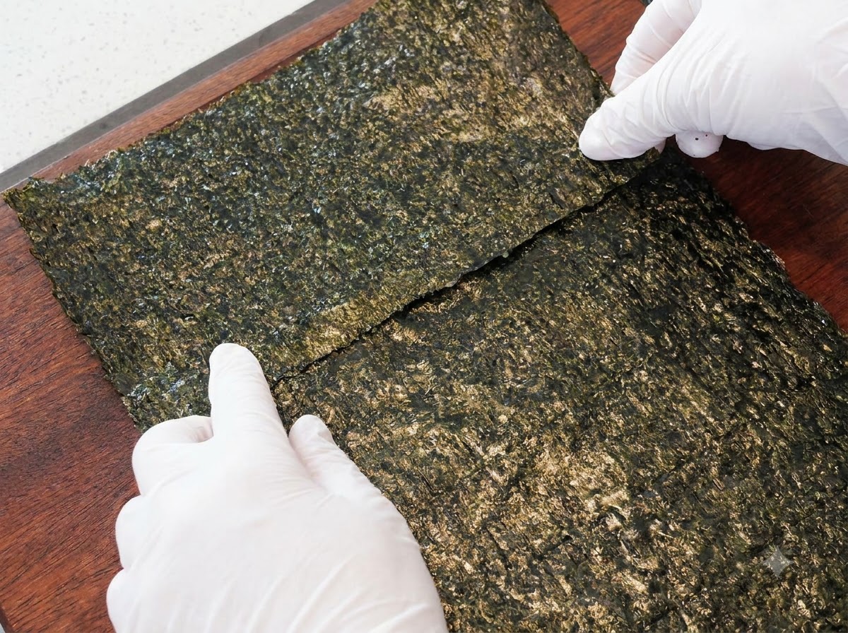 A half sheet of seaweed being joined to a full seaweed sheet using sticky rice as an adhesive.