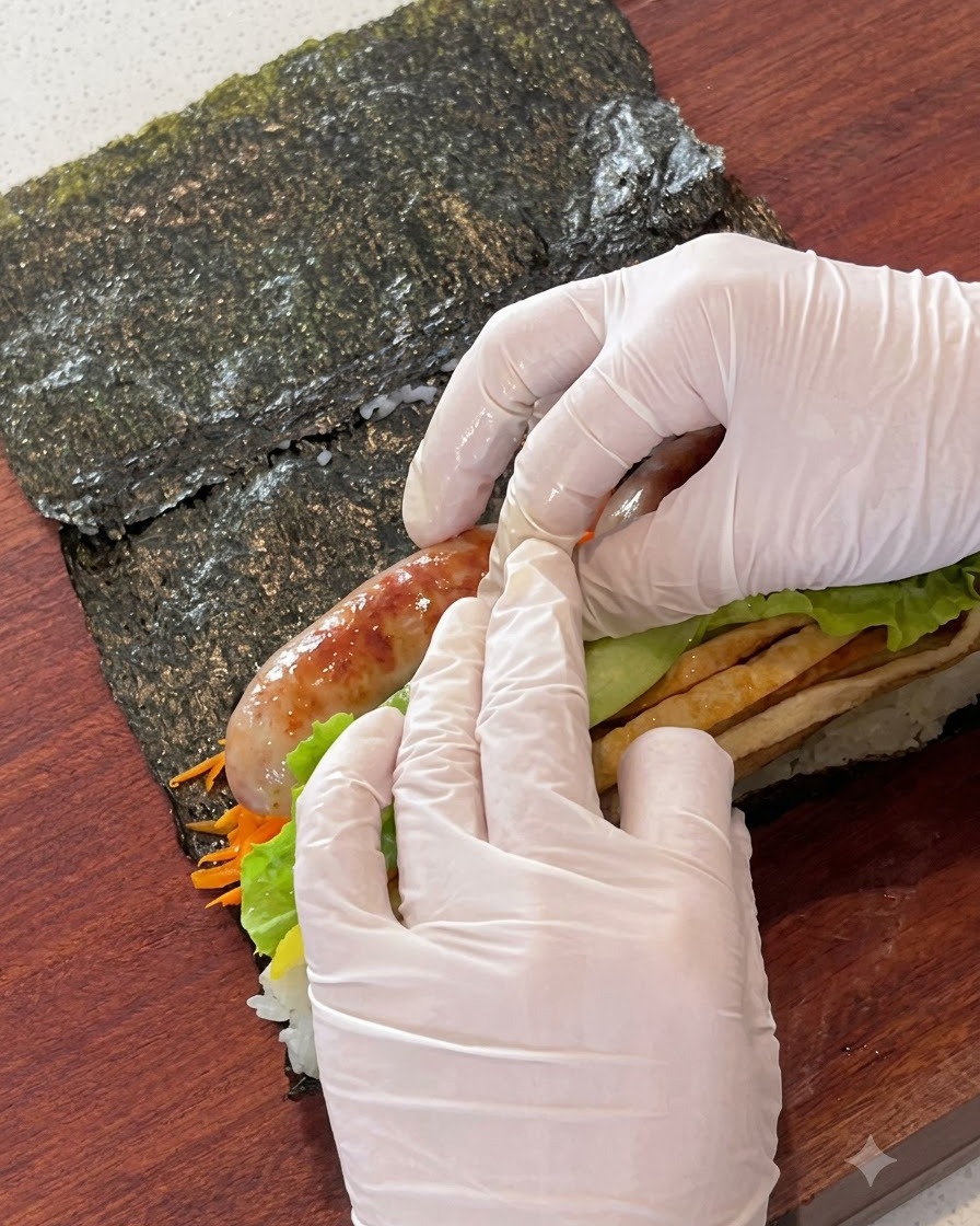 Pan-fried sausages and fresh lettuce leaves being placed on top of the kimbap fillings.