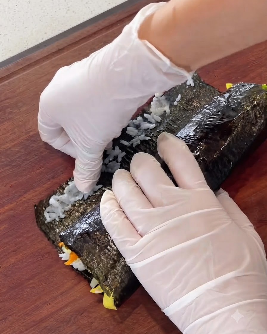 Hands tightly rolling the seaweed sheet and fillings into a thick cylinder.