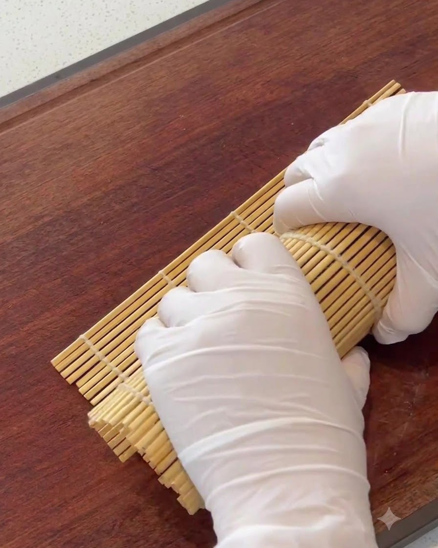 A bamboo rolling mat being used to shape and firm up the rolled kimbap.