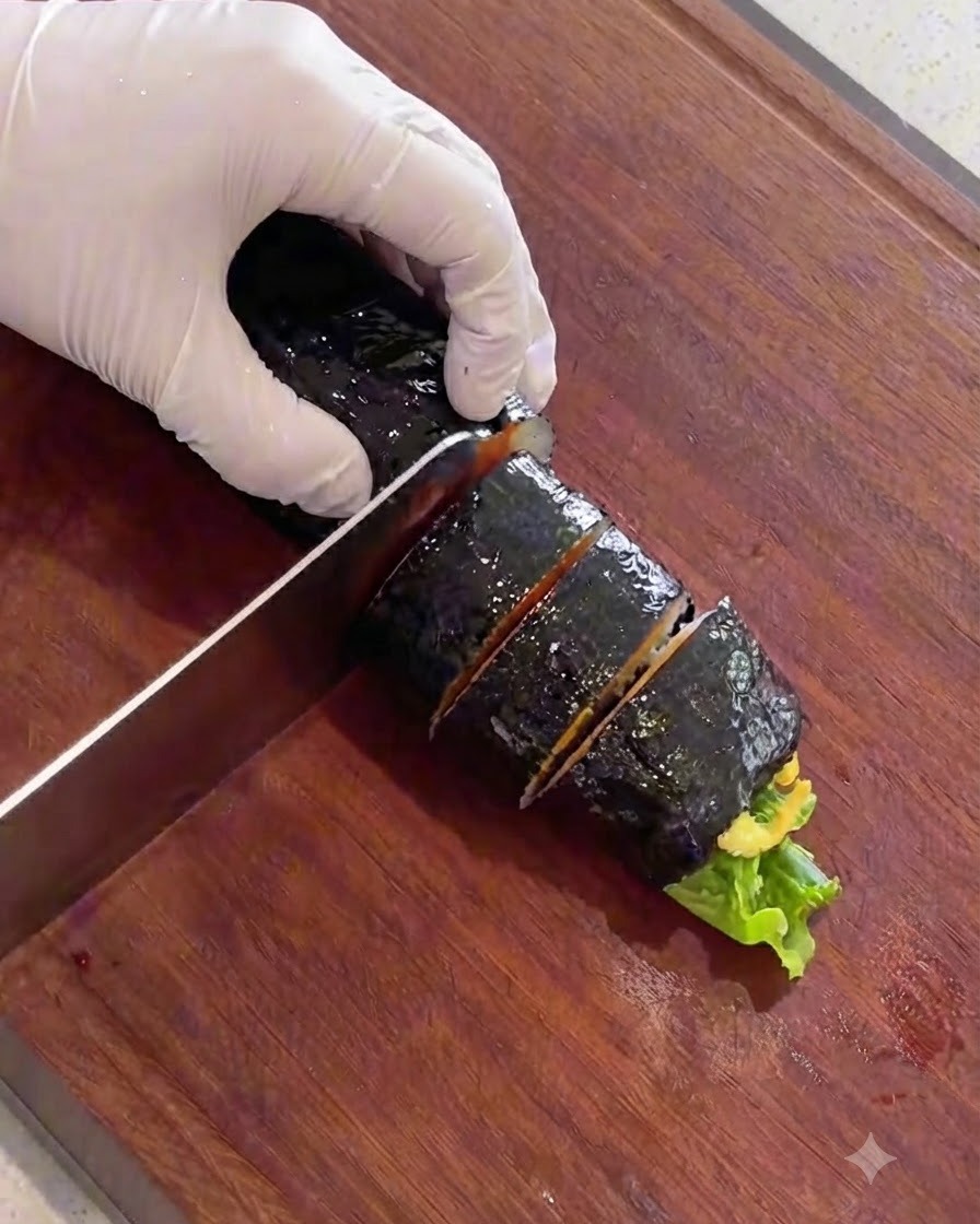A sharp knife slicing an oiled kimbap roll into neat bite-sized pieces on a wooden board.