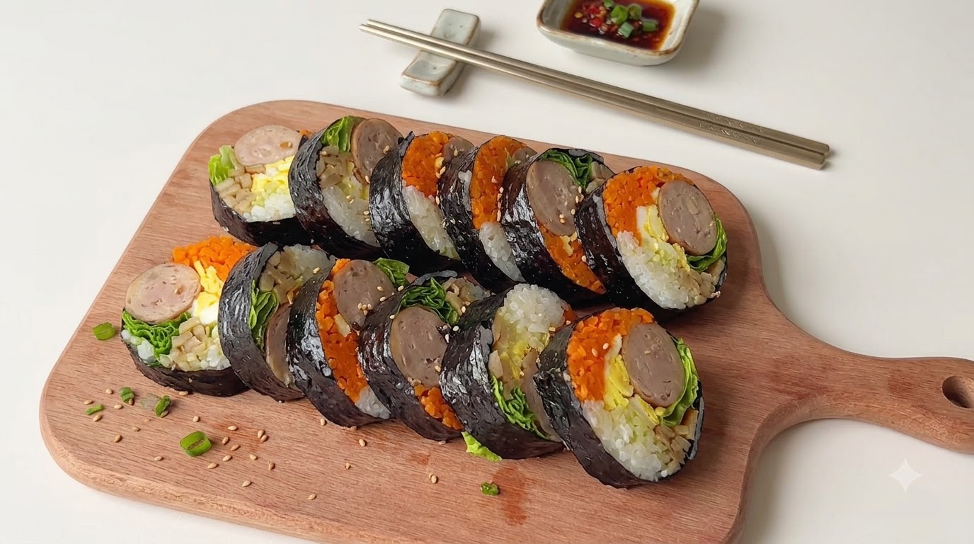 Sliced low-calorie sausage kimbap rolls arranged neatly on a wooden cutting board with colorful fillings.