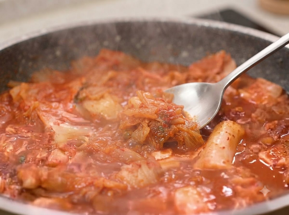 Minced garlic and light soy sauce being added into the pan and mixed thoroughly with the kimchi and pork.