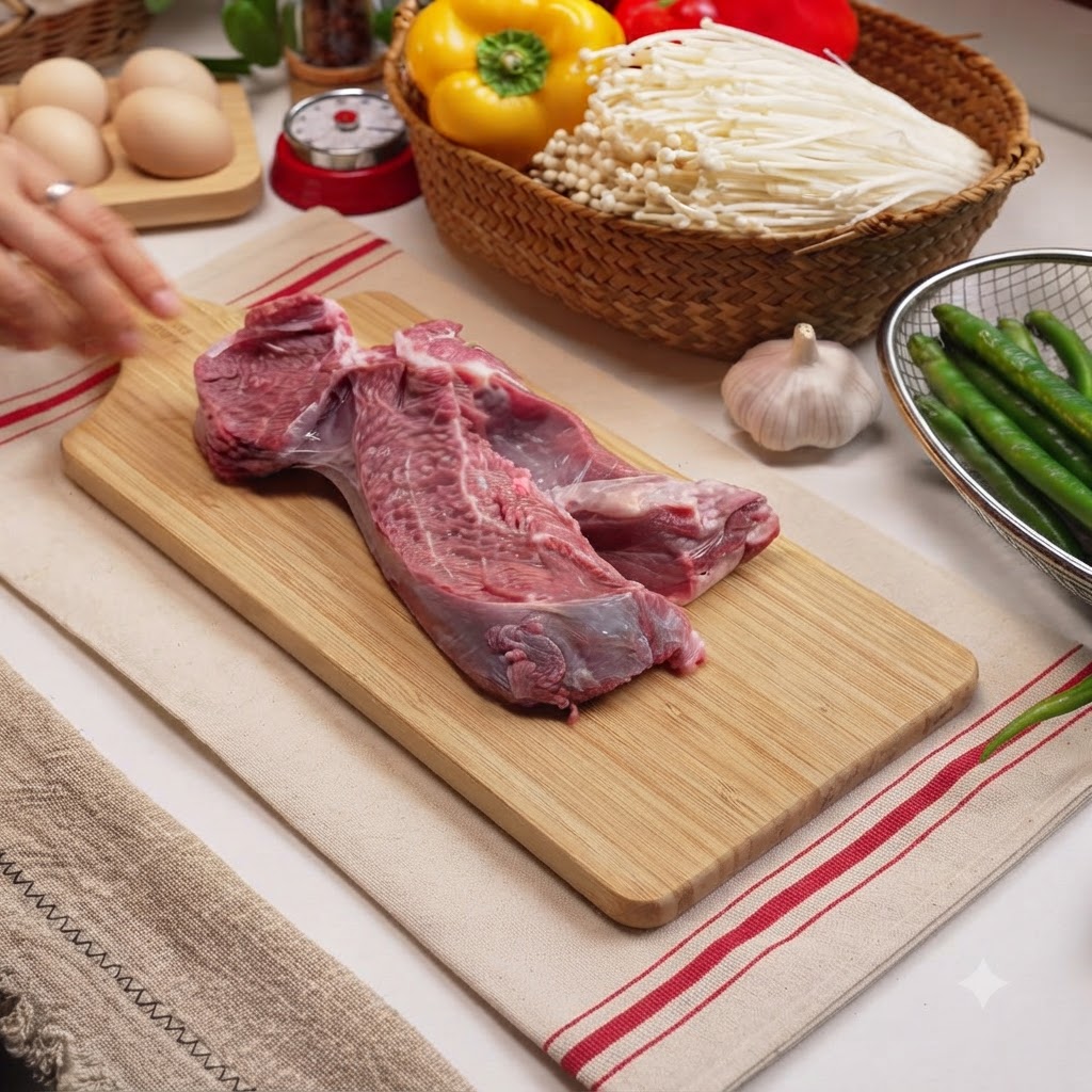 Thin slices of raw beef being cut on a wooden cutting board.