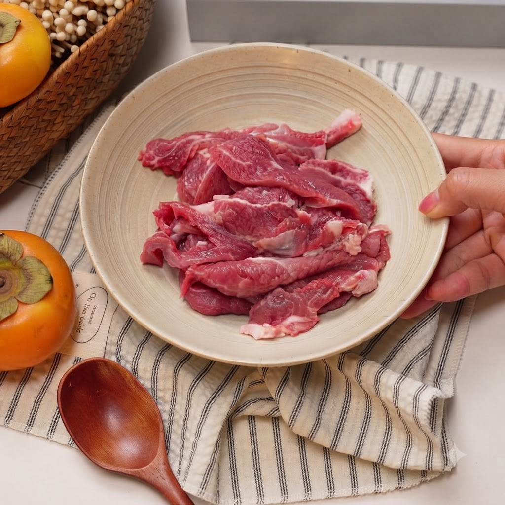 Raw beef slices in a ceramic bowl with soy sauce, cooking wine, and starch added on top.