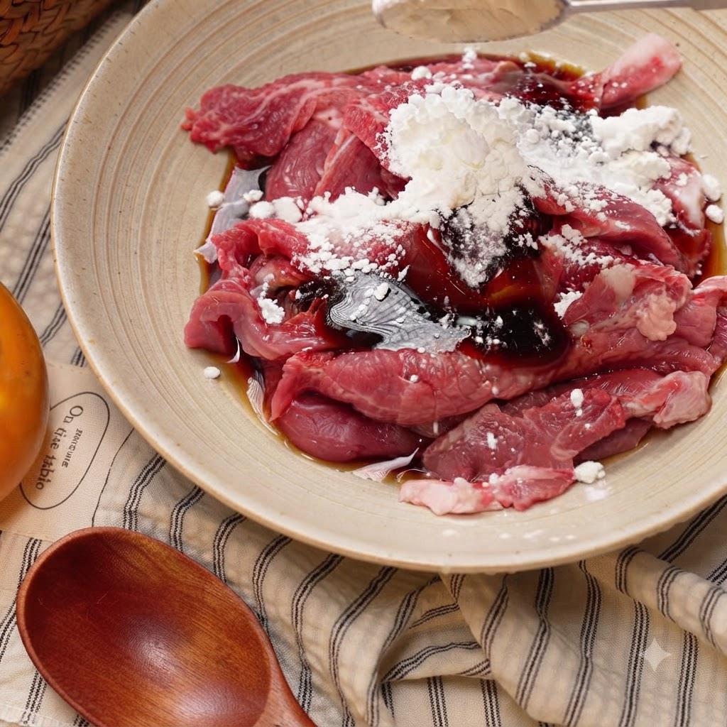 A gloved hand mixing marinade into raw beef slices inside a bowl.