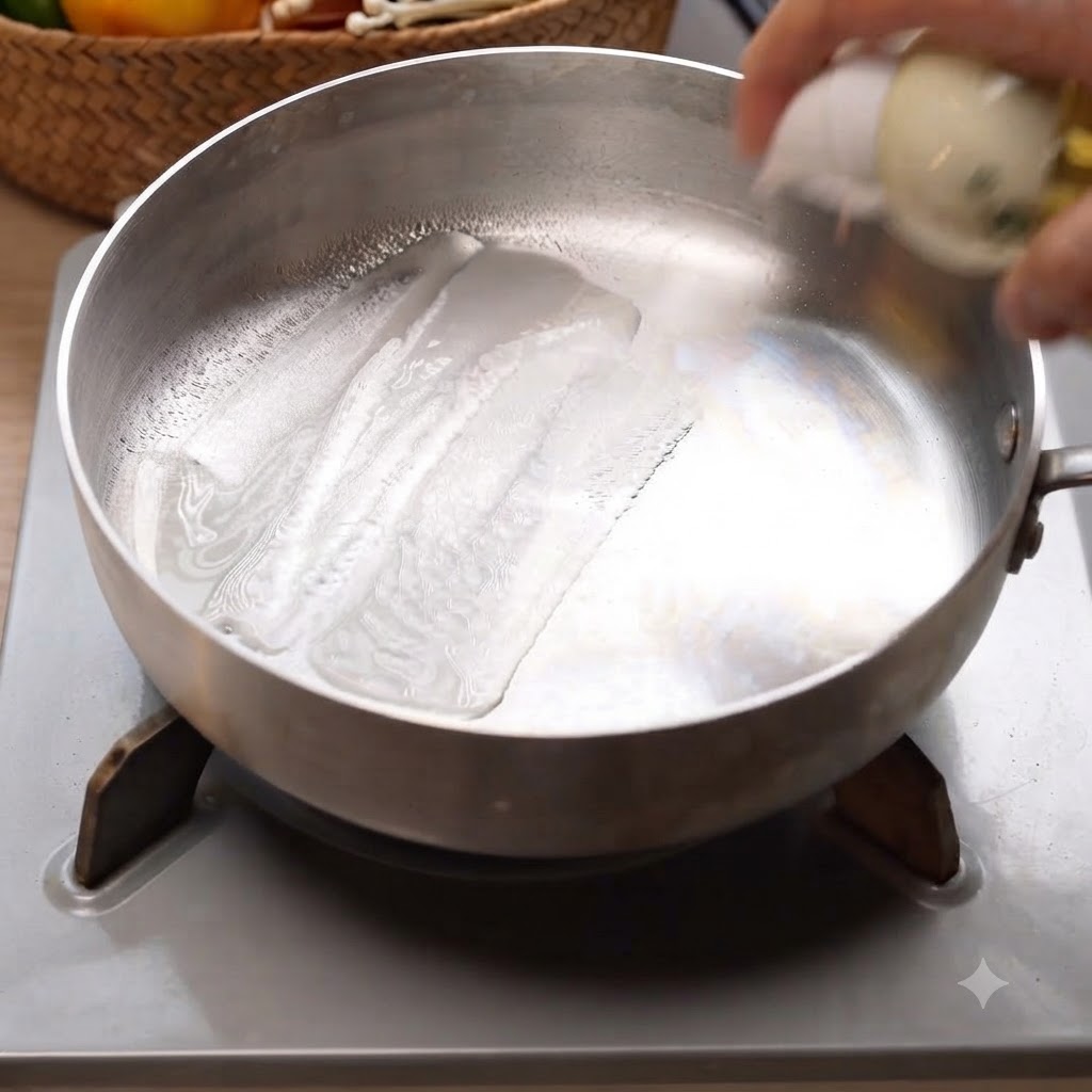 Slices of white onion being stir-fried in a shallow metal pan with oil.