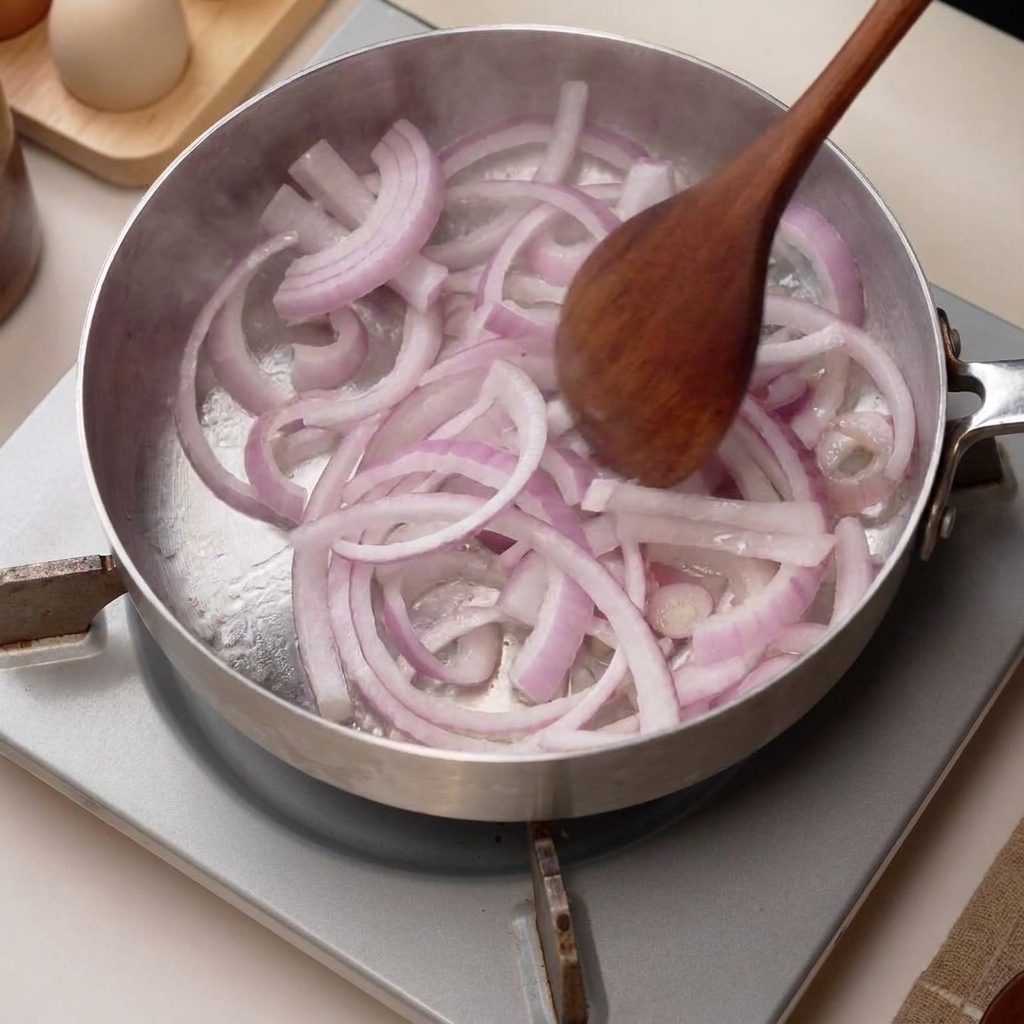Sliced onions being stir-fried in a hot pan.
