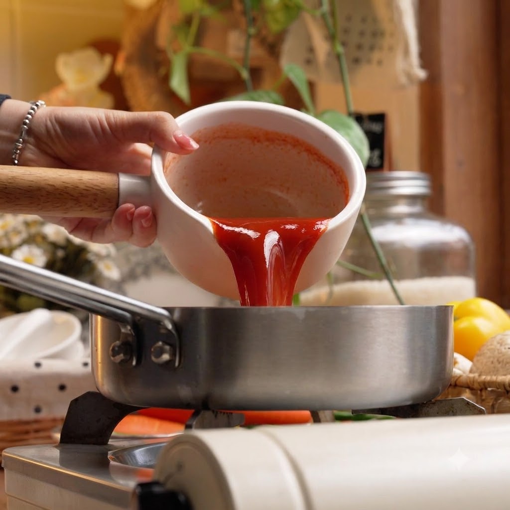 Thick red Korean chili sauce being poured from a white ceramic pitcher into a cooking pan.