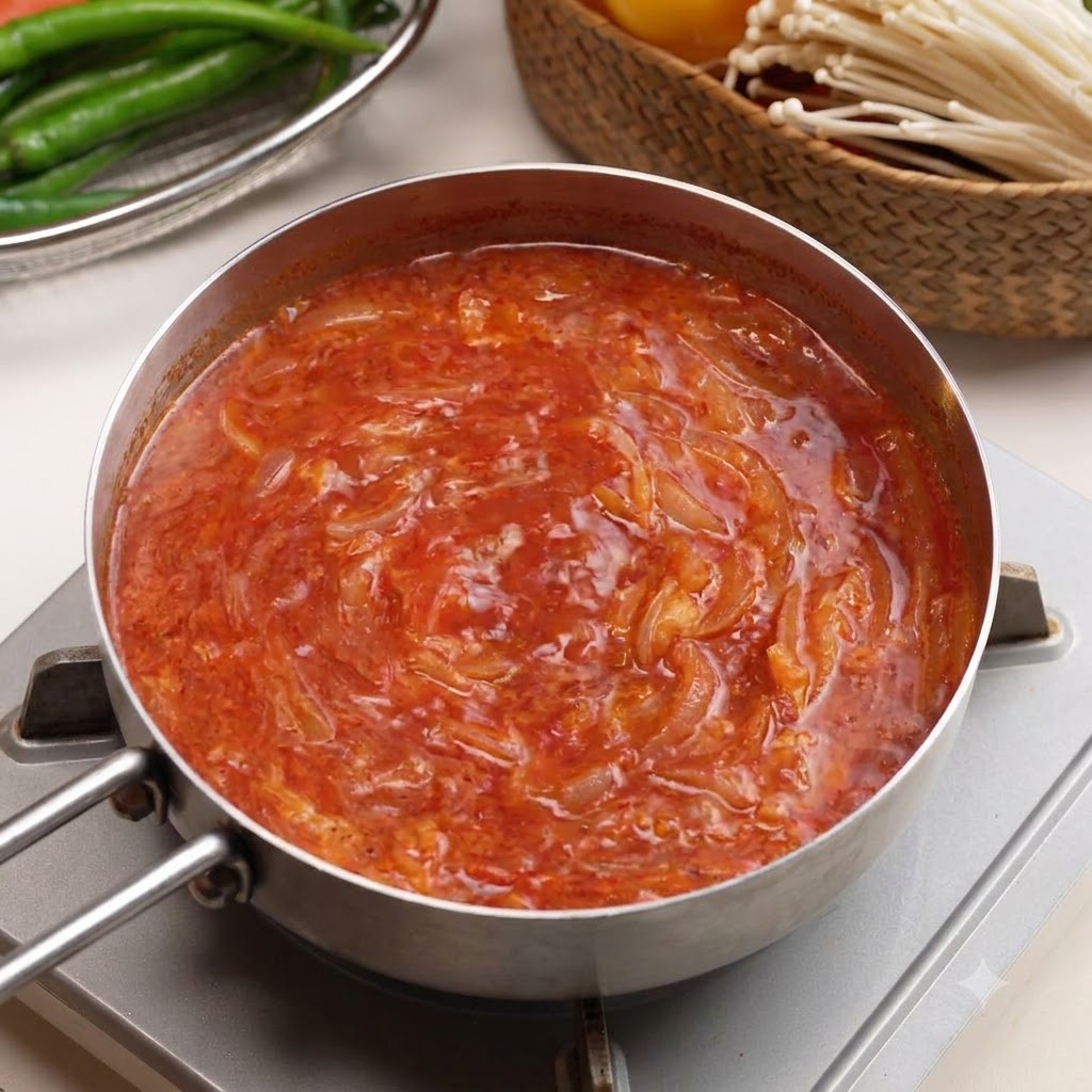 A pan filled with simmering red kimchi broth surrounded by fresh ingredients like enoki mushrooms and chili peppers.