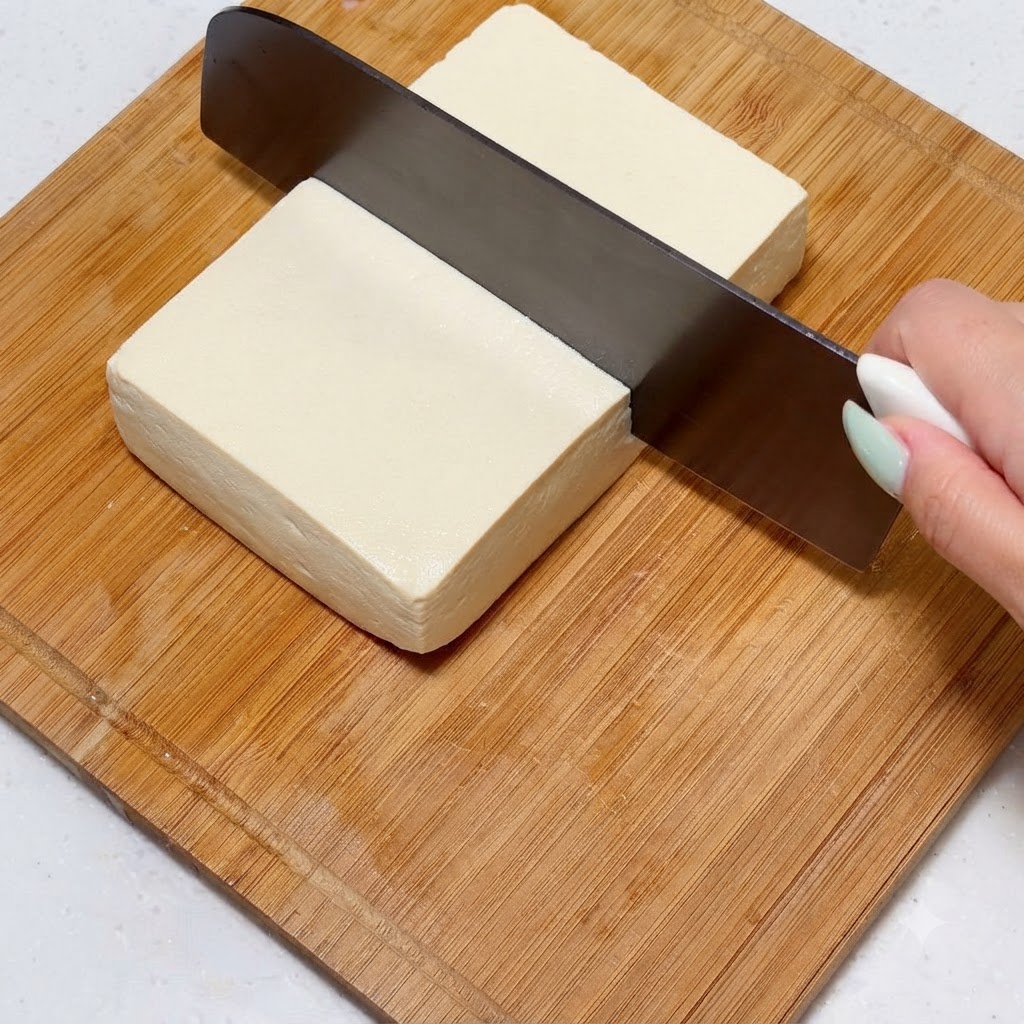 A block of firm tofu being cut into equal pieces on a wooden cutting board.