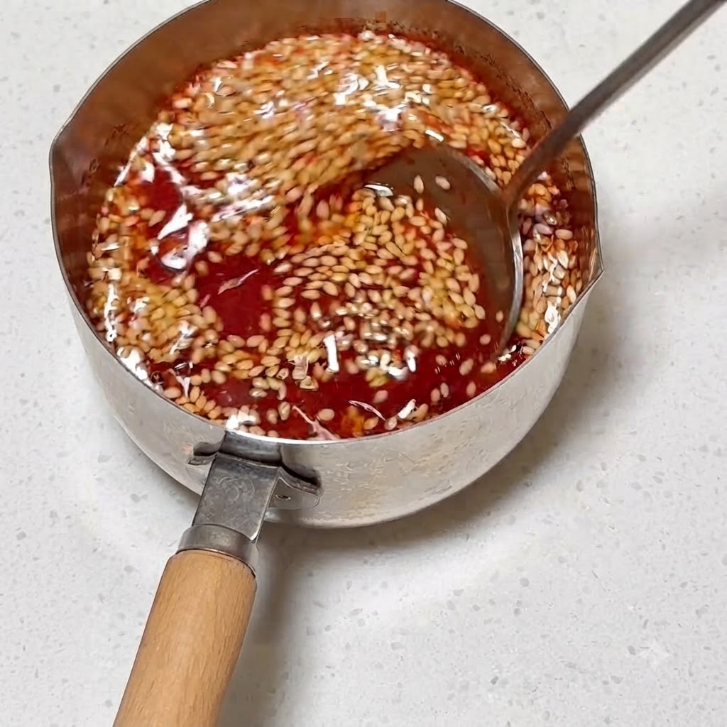 Sauce ingredients being stirred together in a metal pot with a spoon.