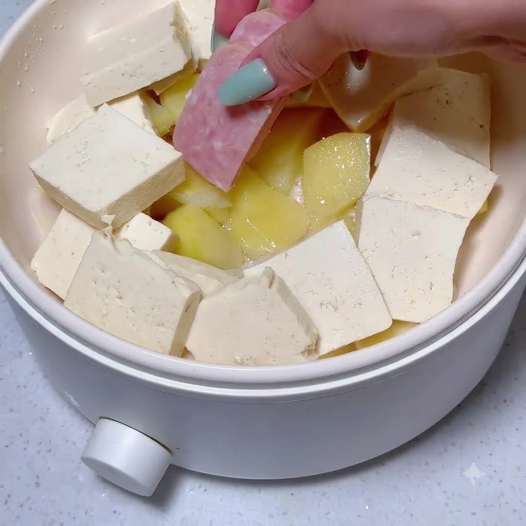Slices of luncheon meat being added between other ingredients in the cooking pan.