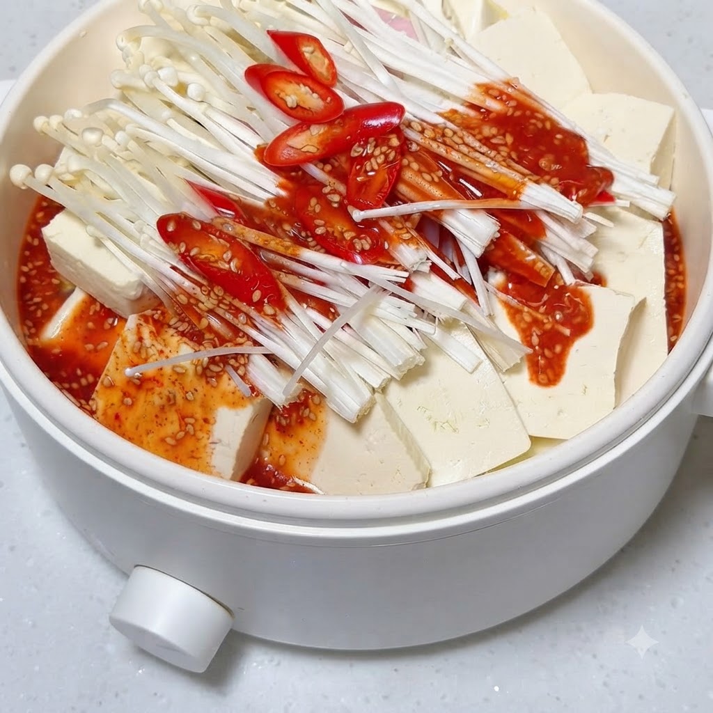 Red spicy sauce with sesame seeds being poured over the arranged tofu and mushrooms in the pot.