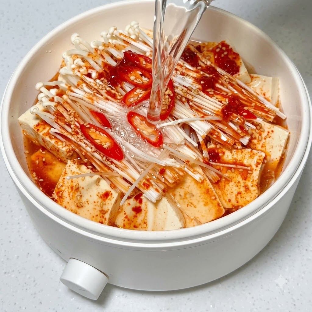 Water being poured from a clear container into the pot filled with layered ingredients and red sauce.