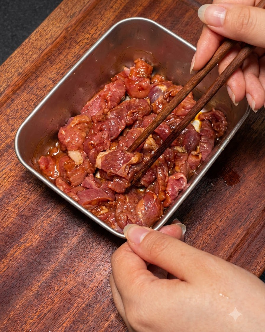 Hands using wooden chopsticks to stir and mix raw beef slices with marinade in a metal tray.
