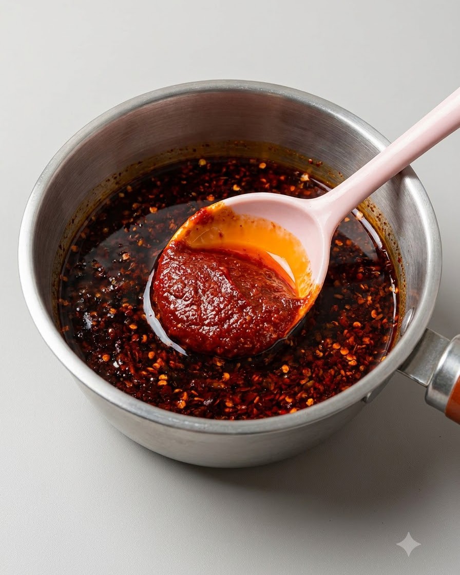 A pink spoon lifting a thick, bright red chili sauce mixture in a small metal pan.