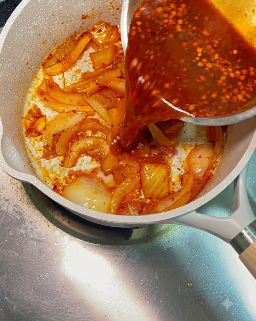 Red chili sauce being poured from a silver bowl into a pan containing sautéed onions and kimchi.