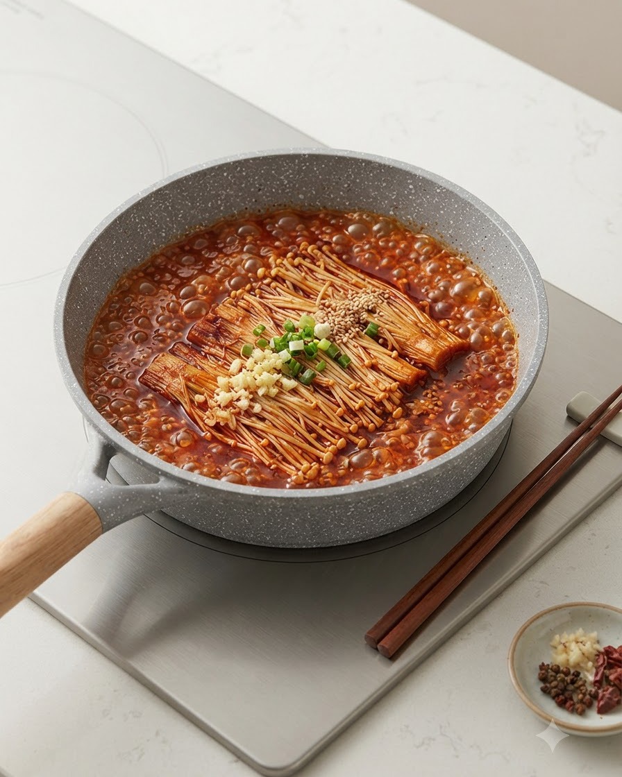 Enoki mushrooms, minced garlic, and sesame seeds placed in the center of a boiling red broth pan.