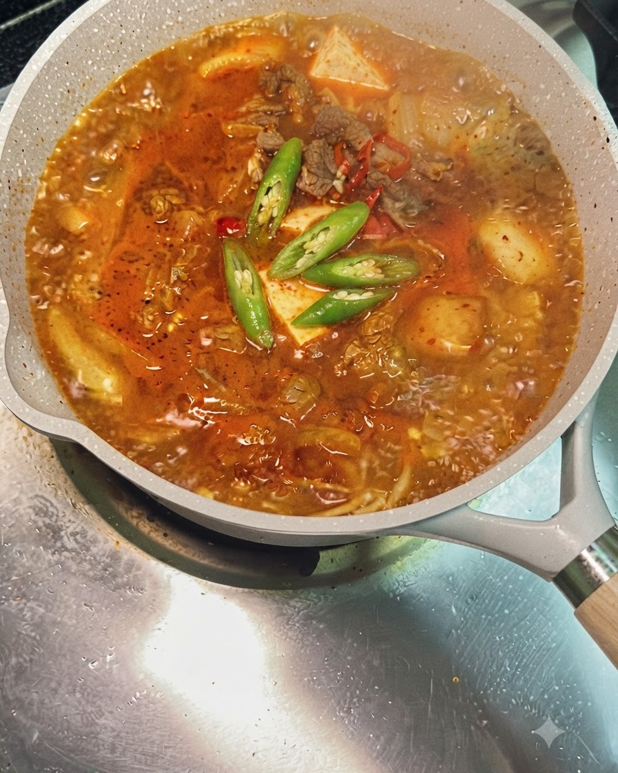 Sliced green and red chili peppers floating on top of a bubbling pot of kimchi beef soup.