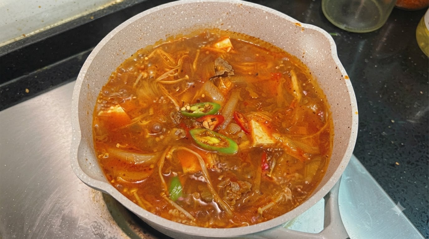 A bubbling pot of vibrant kimchi beef soup packed with tofu, enoki mushrooms, and fresh chilies.
