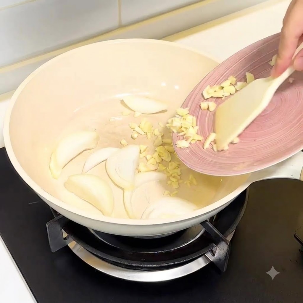 Minced garlic and sliced onions being added into a white frying pan.