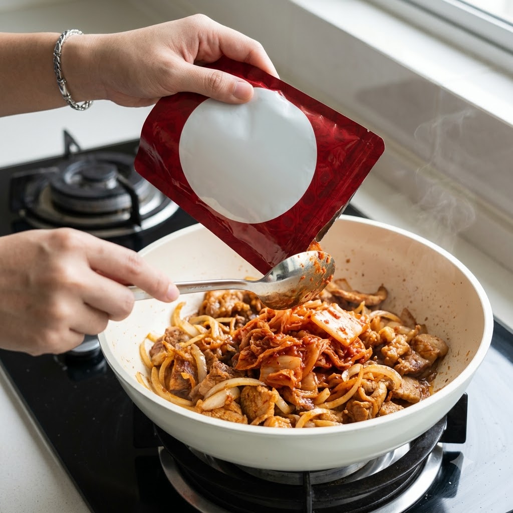 Kimchi being poured from a red pouch into the frying pan.