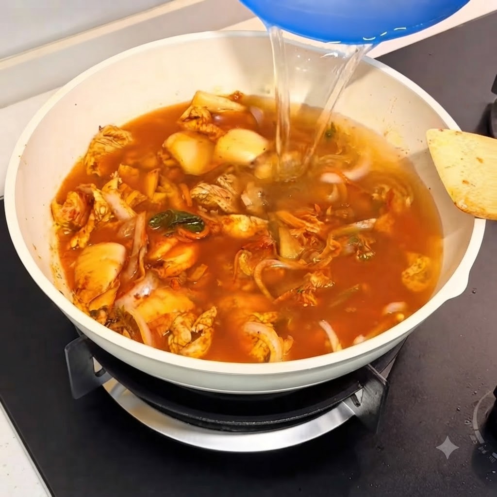 Water being poured from a blue container into the pan containing the stir-fried ingredients.