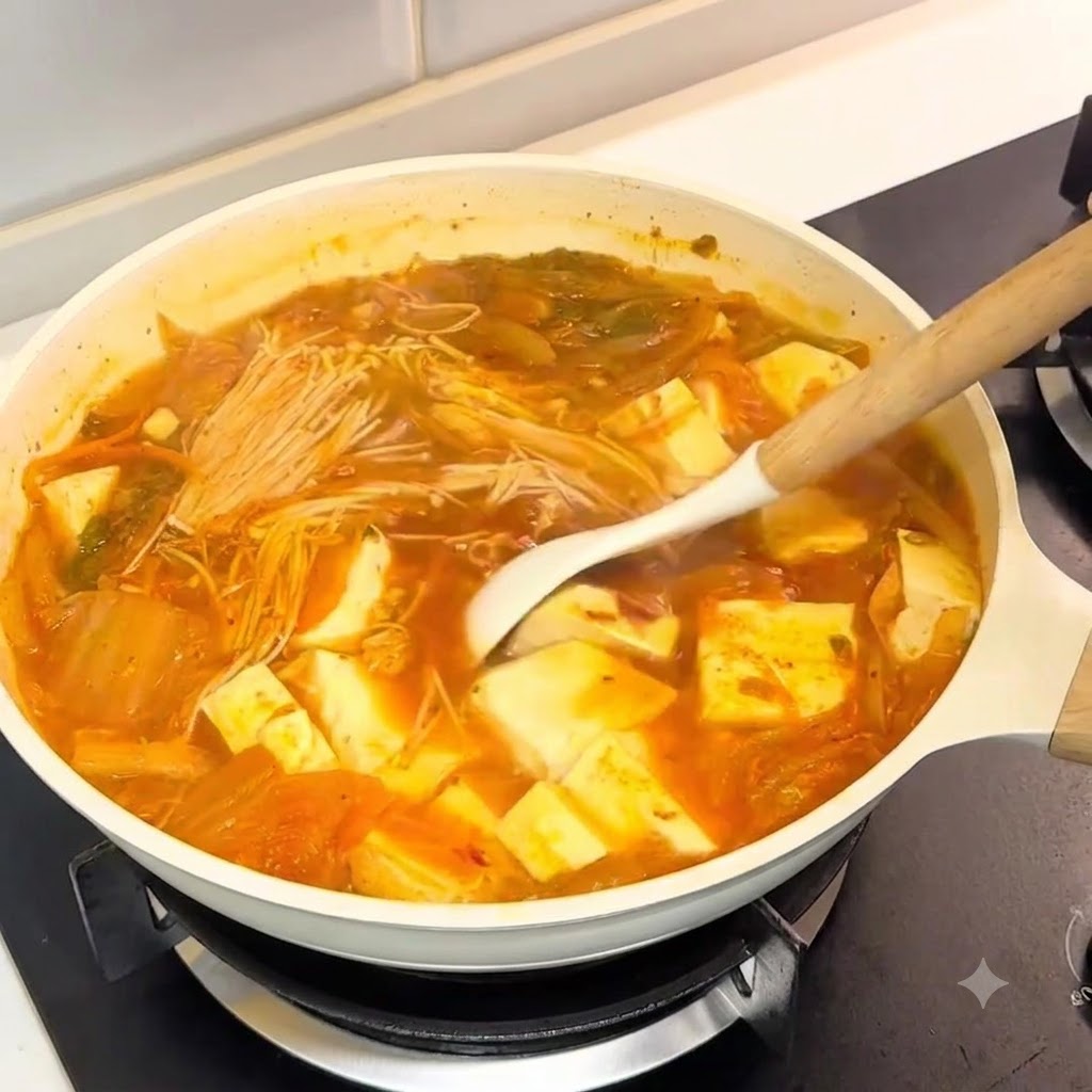 A white ladle stirring a bubbling pot of soup on the stovetop.
