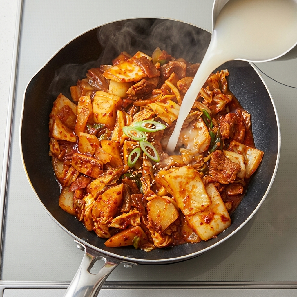 Rice water being poured into the bubbling pan over the kimchi and beef.