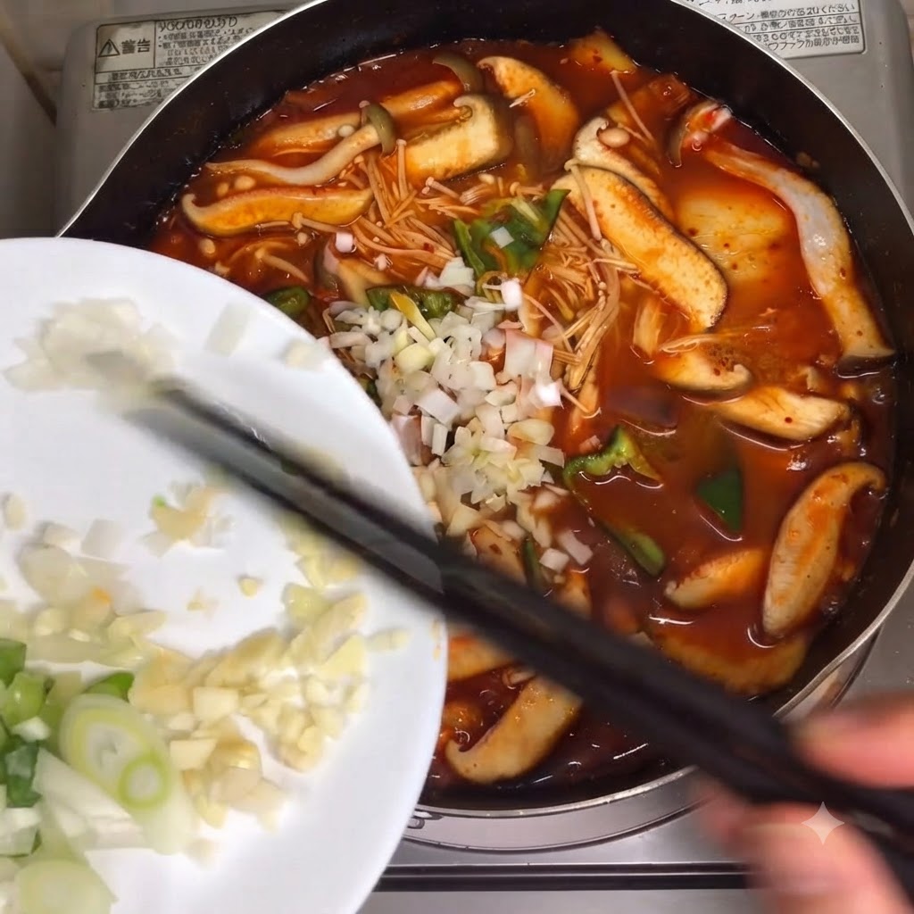 Chopped garlic and green onions being tipped from a white plate into a simmering pot of soup using chopsticks.