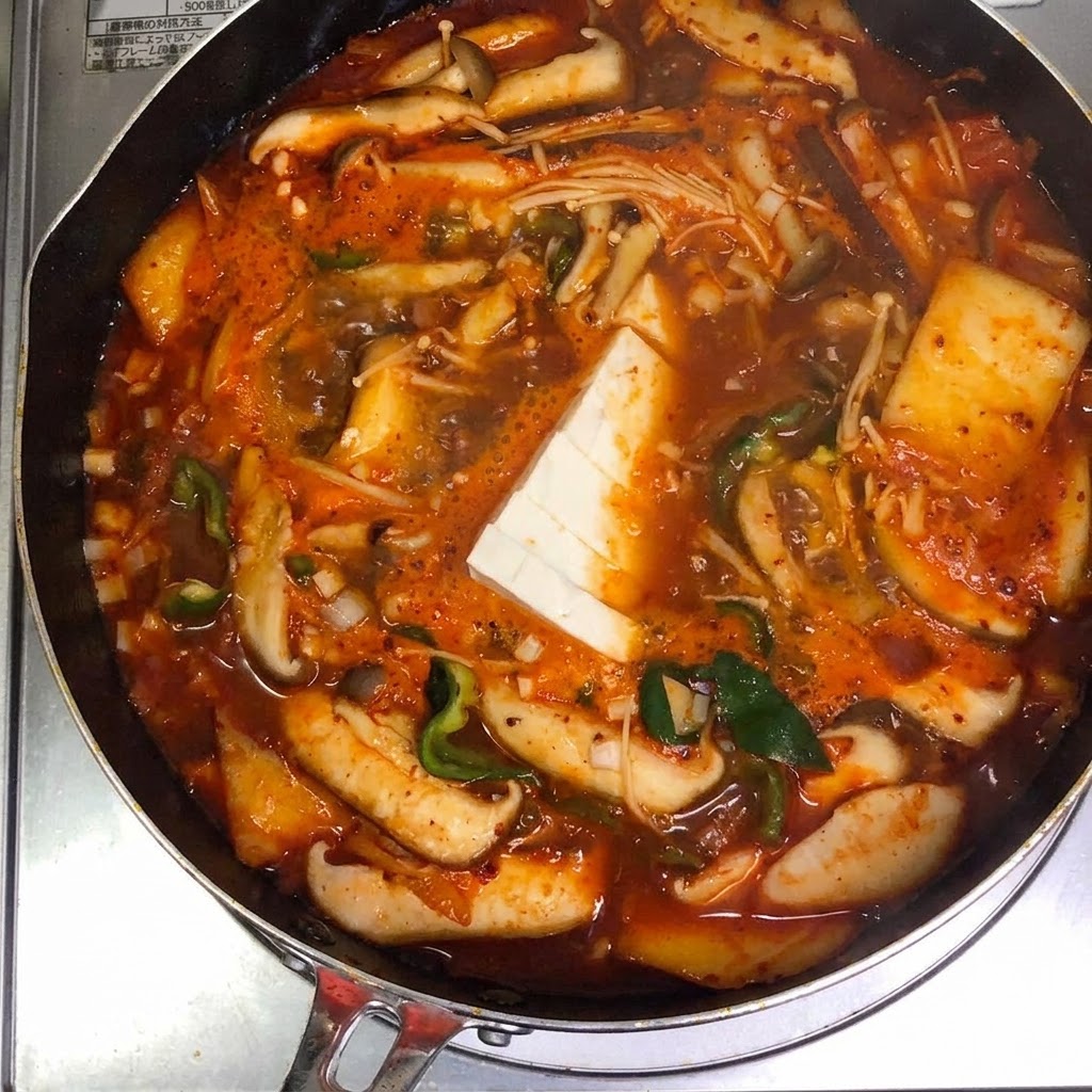 Slices of white firm tofu being carefully placed into the center of a boiling red kimchi soup pot.
