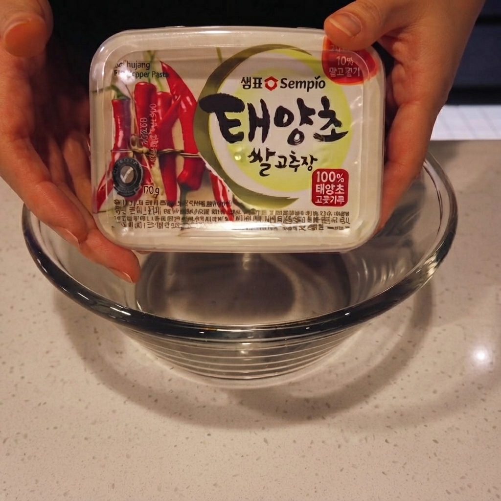 Korean red pepper paste being scooped with a spoon into a glass mixing bowl.