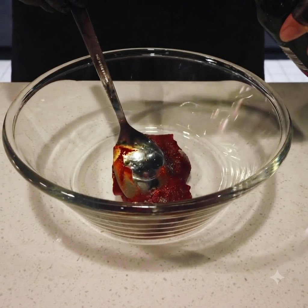 Dark soy sauce being poured from a bottle into the glass bowl containing red pepper paste.