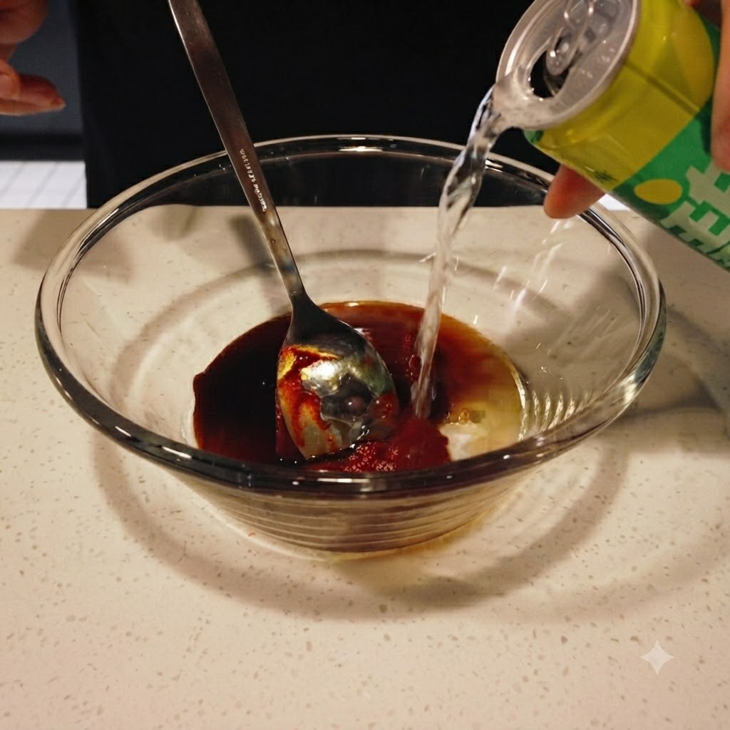 Sprite being poured from a can into the glass bowl with the sauce mixture.