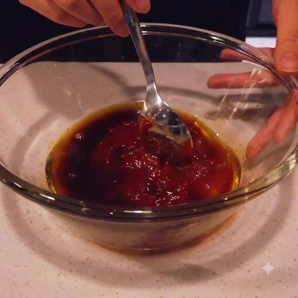 The sauce ingredients being thoroughly stirred together with a spoon in the glass bowl.