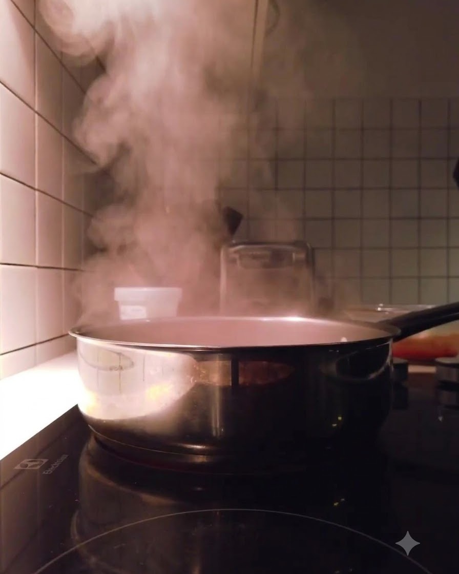 A packet of kimchi being emptied into a pot of boiling water on the stove.