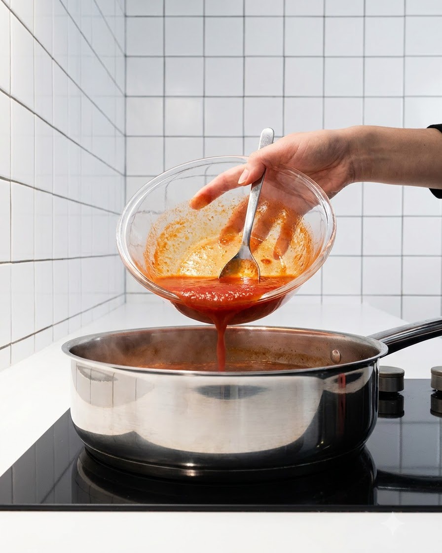 The prepared sauce mixture being poured from a glass bowl into the pot with boiling kimchi water.