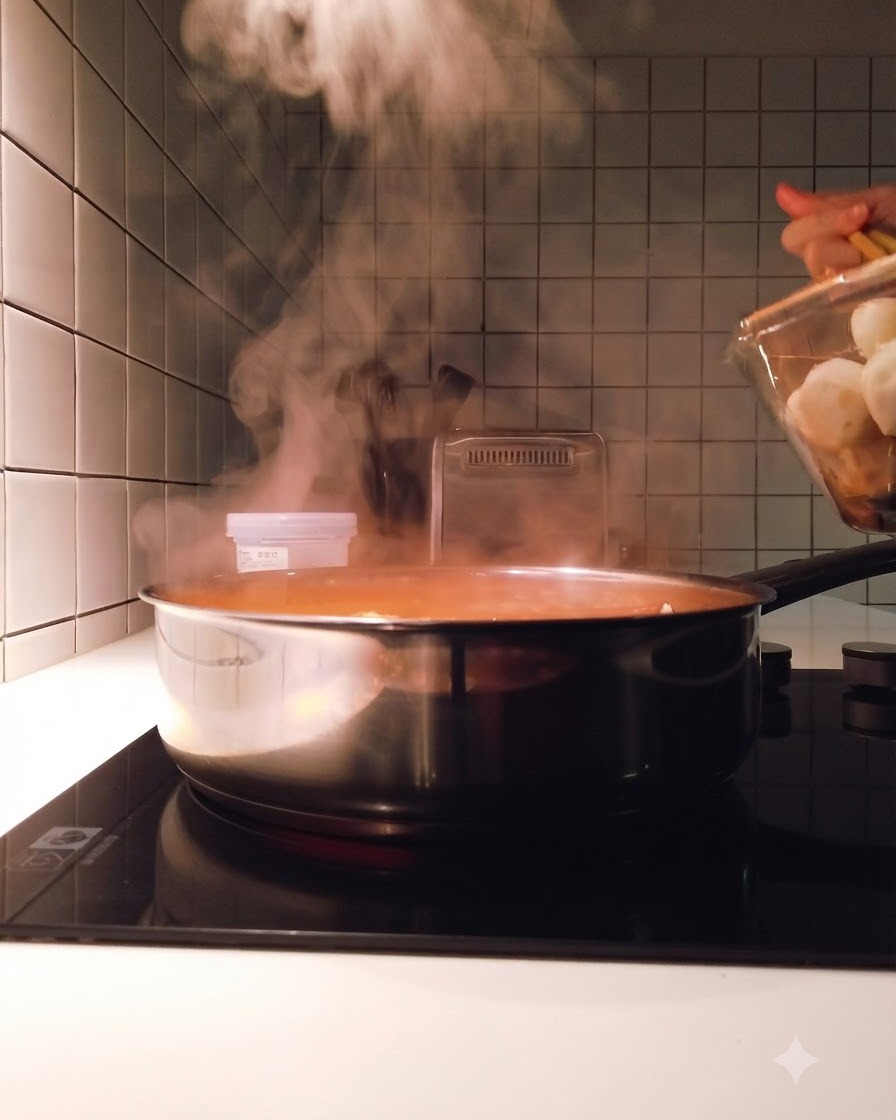 Beef tendon balls, fish balls, and cheese rice cakes being added with chopsticks into a boiling pot of broth.