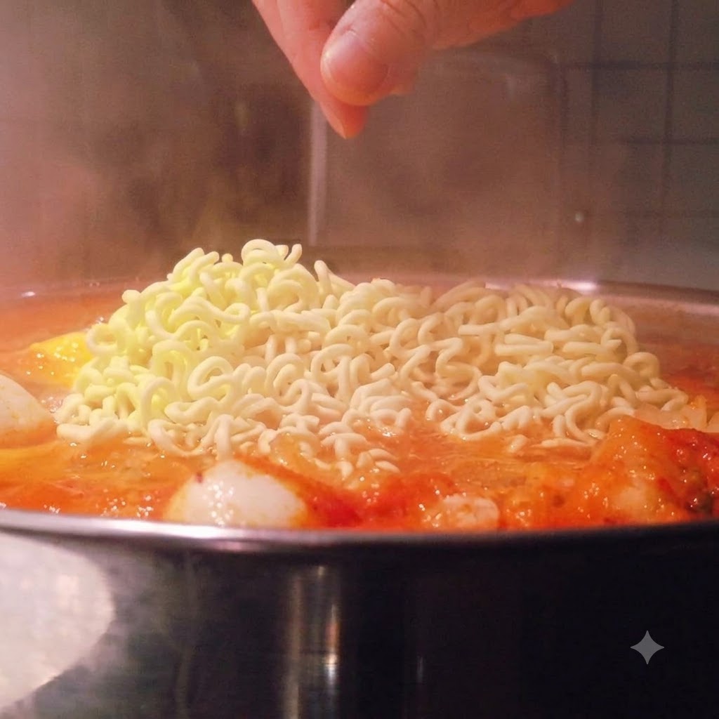 A block of instant ramen noodles being placed into the bubbling red soup pot.