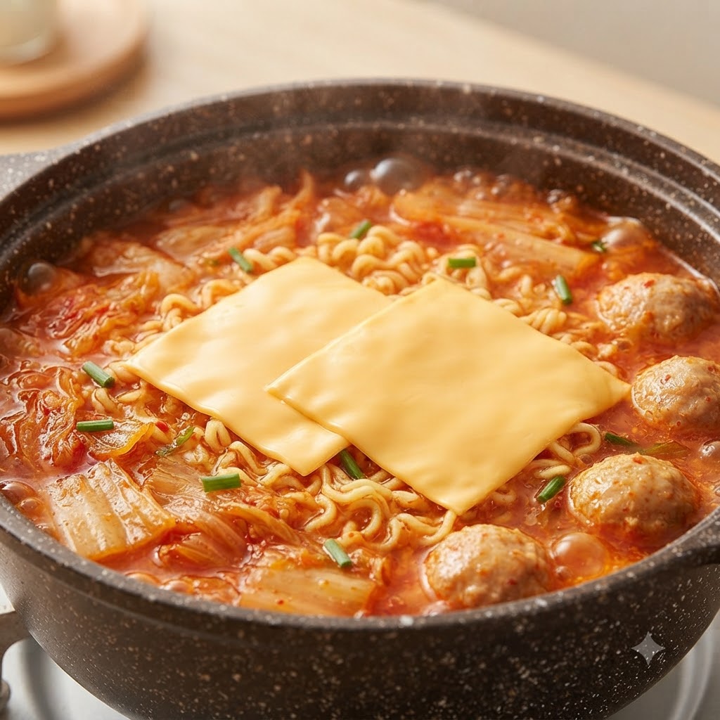 Two slices of cheese being placed on top of the cooking ramen noodles in the pot.