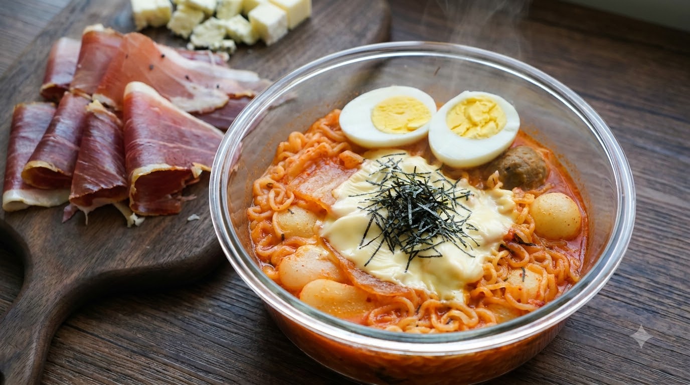 Korean Kimchi Rice Cake Soup with Ramen and Cheese