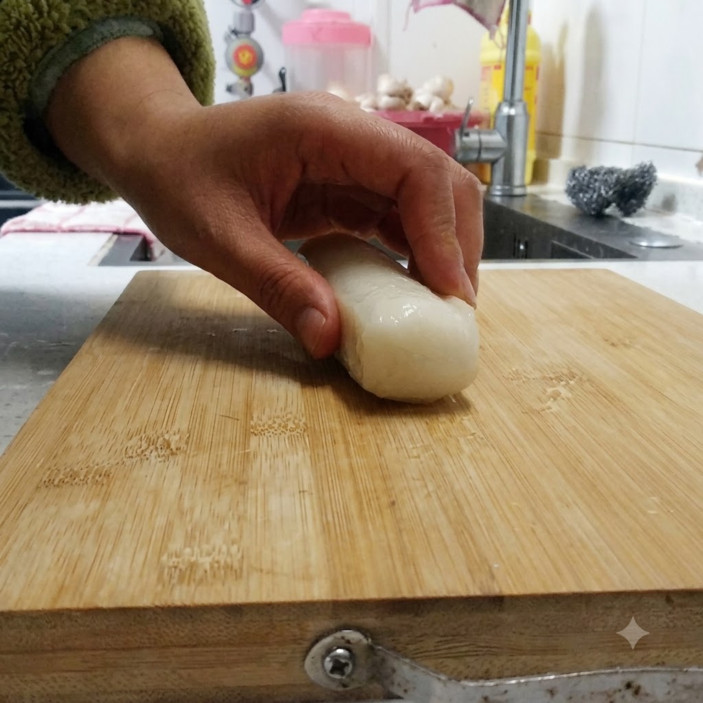 A close-up view of a large rice cake being sliced evenly on a wooden cutting board using a heavy kitchen knife.