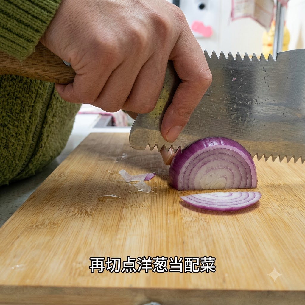 A red onion being chopped into thin slices on a wooden board with a knife.