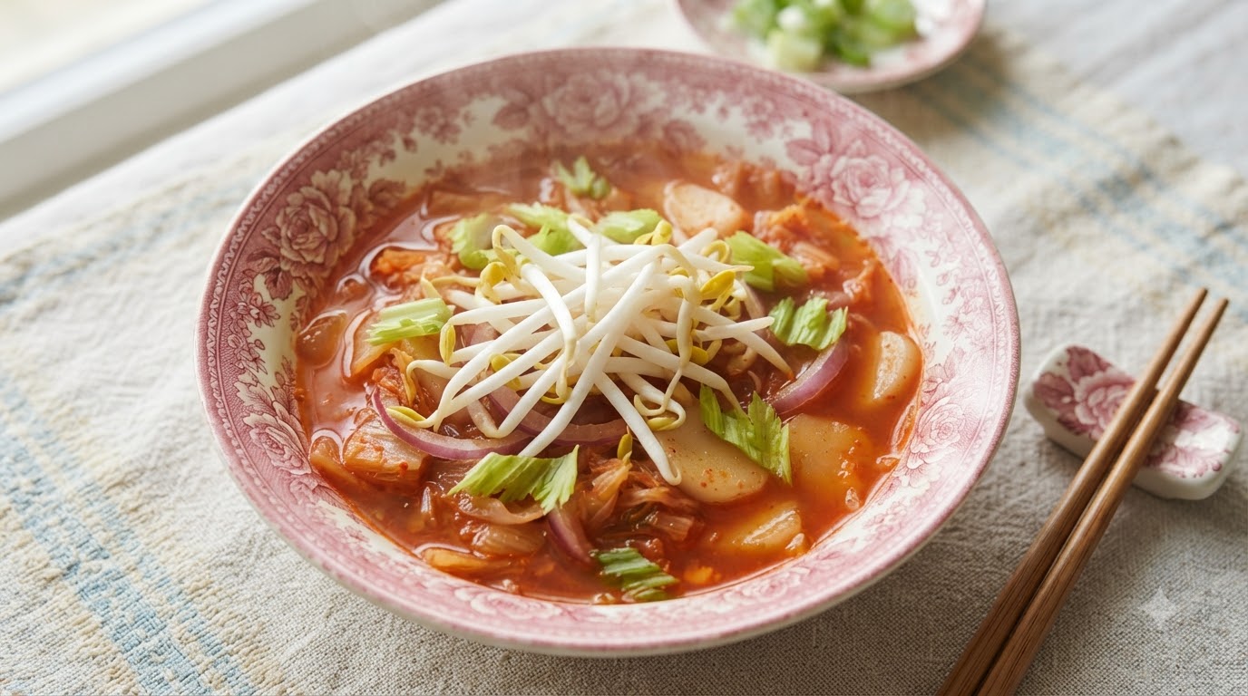 Spicy Kimchi Rice Cake Soup (Tteokguk)