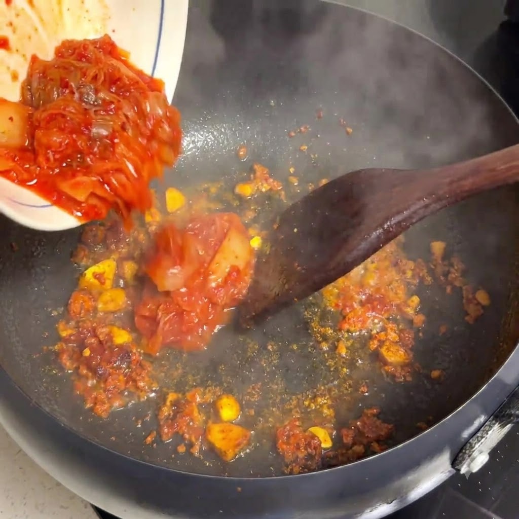 Thinly sliced raw beef being added to a pan with tomatoes and onions.